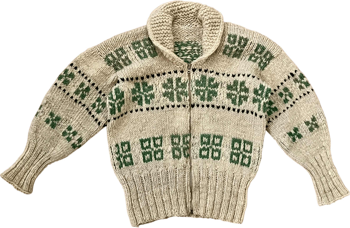 1950s Hand Knit Wool Cowichan Fair Isle Zip Cardigan with Shawl Collar/Medium