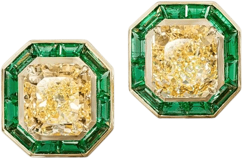 Gold, 6.02ctw Radiant Cut Fancy Light Yellow Diamond and Emerald Stud Earrings