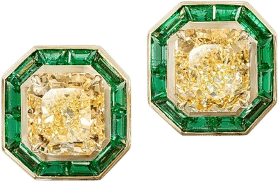 Gold, 6.02ctw Radiant Cut Fancy Light Yellow Diamond and Emerald Stud Earrings