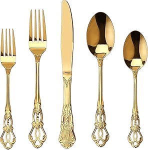 Runfly Gorgeous Retro Royal Gold Stainless Steel 20 Pieces Flatware Set, Golden Silverware Set, Anti-rust Stainless Steel Gold Cutlery Set Utensils Including Fork Spoon and Knife