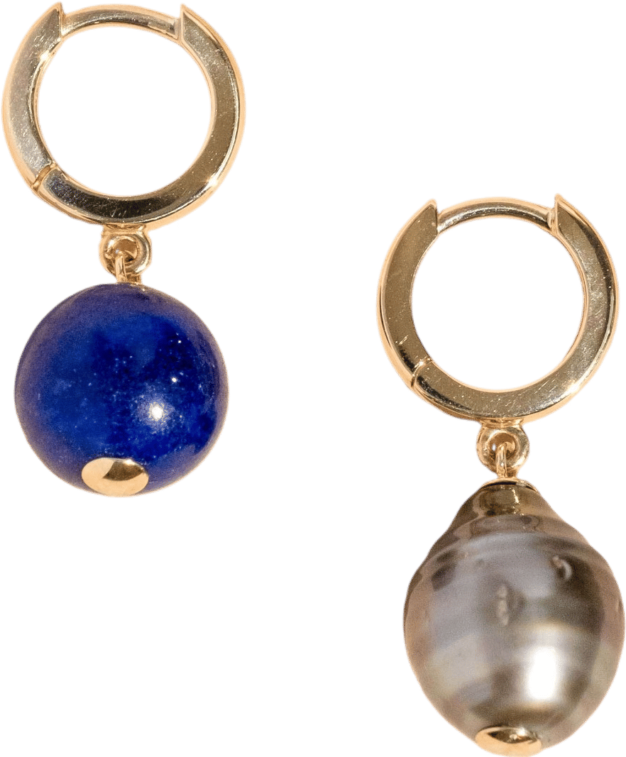 Mismatch earrings, baroque pearl with lapis