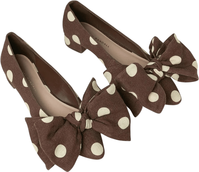 Noa Bow Flat in Brown/Cream Linen Polka Dot