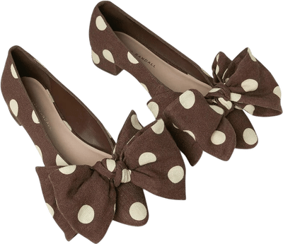 Noa Bow Flat in Brown/Cream Linen Polka Dot