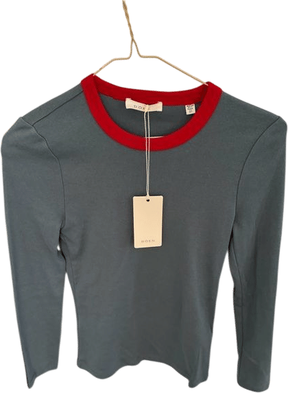 Dôen Long Sleeve Crewneck Top in Slate with Red Trim