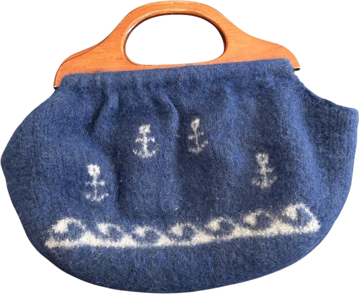 Blue Wool Anchor Wave Top Handle Purse Bag Wood...