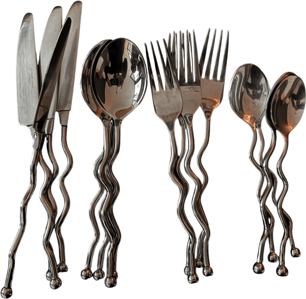 Twisted Stainless Steel Flatware Set, French Brutalist Medieval Style, 16 Pieces