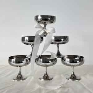 Vintage Italian Stainless Steel Coupes - Footed Silver Dessert / Ice Cream Bowls / Cups - Set of 6 - Made in Italy, 80s