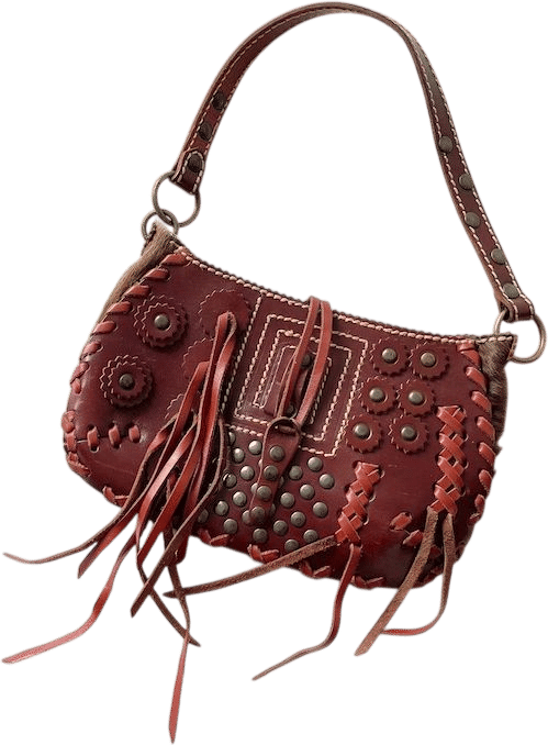 1990s Studded Lace-up Fringe Brown Leather Bag