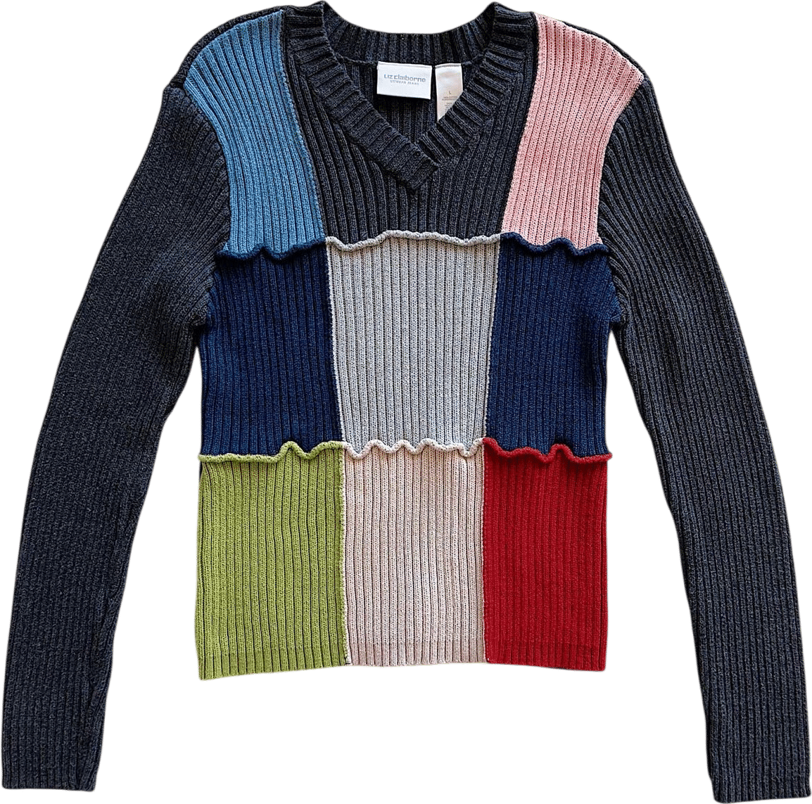 Vintage Liz Claiborne Patchwork Cotton Sweater | Size L Large | Y2K 2000s Womens Chunky Ribbed Knit Color Block