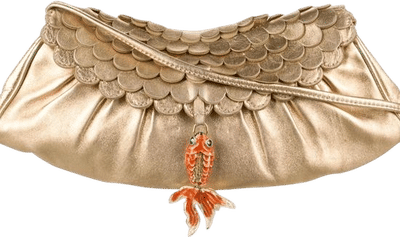 Gold Scalloped Leather Crossbody Clutch with Fish Charm