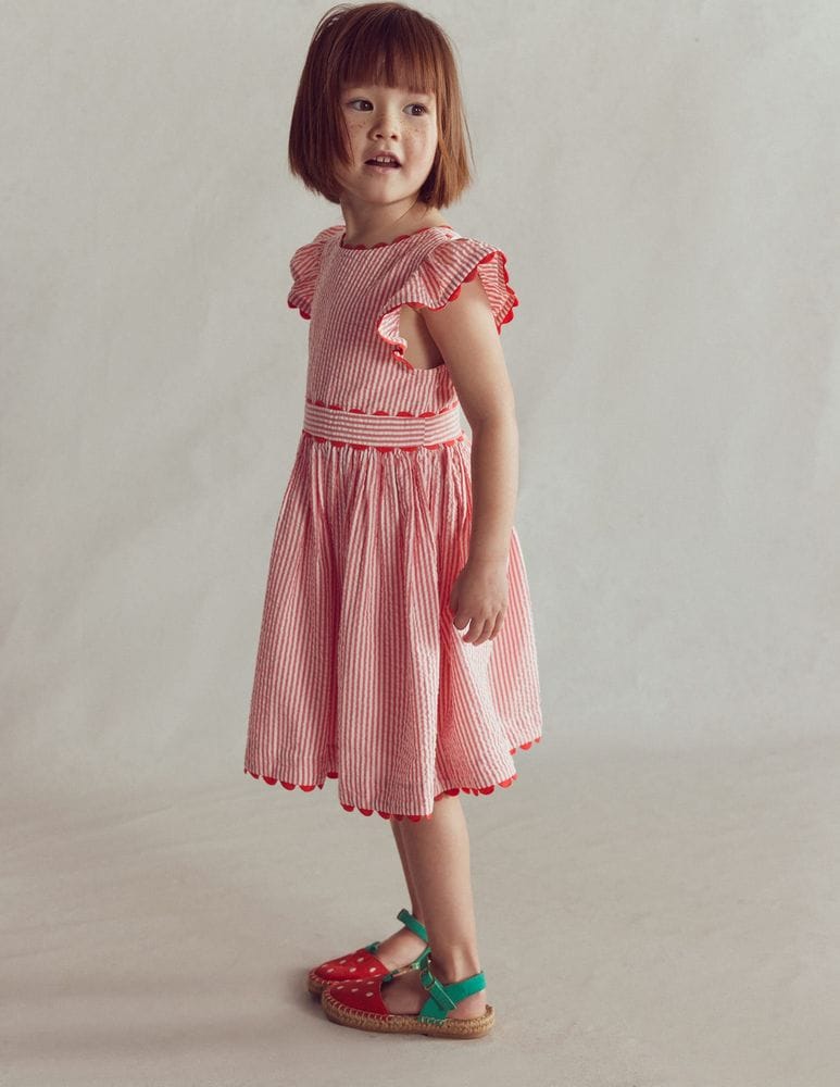 Ric Rac Trim Flutter Dress-Red Stripe