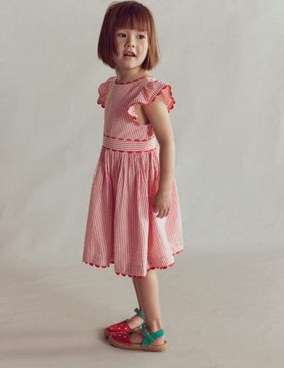 Ric Rac Trim Flutter Dress-Red Stripe