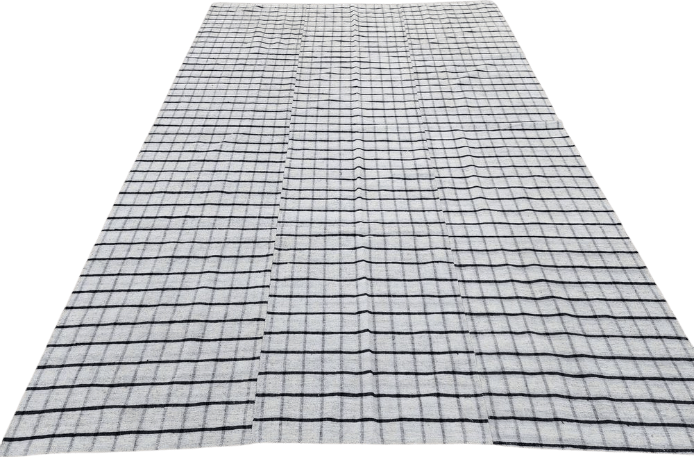 Vintage Turkish Kilim Rug: Large Black and White Striped Wool Flatweave