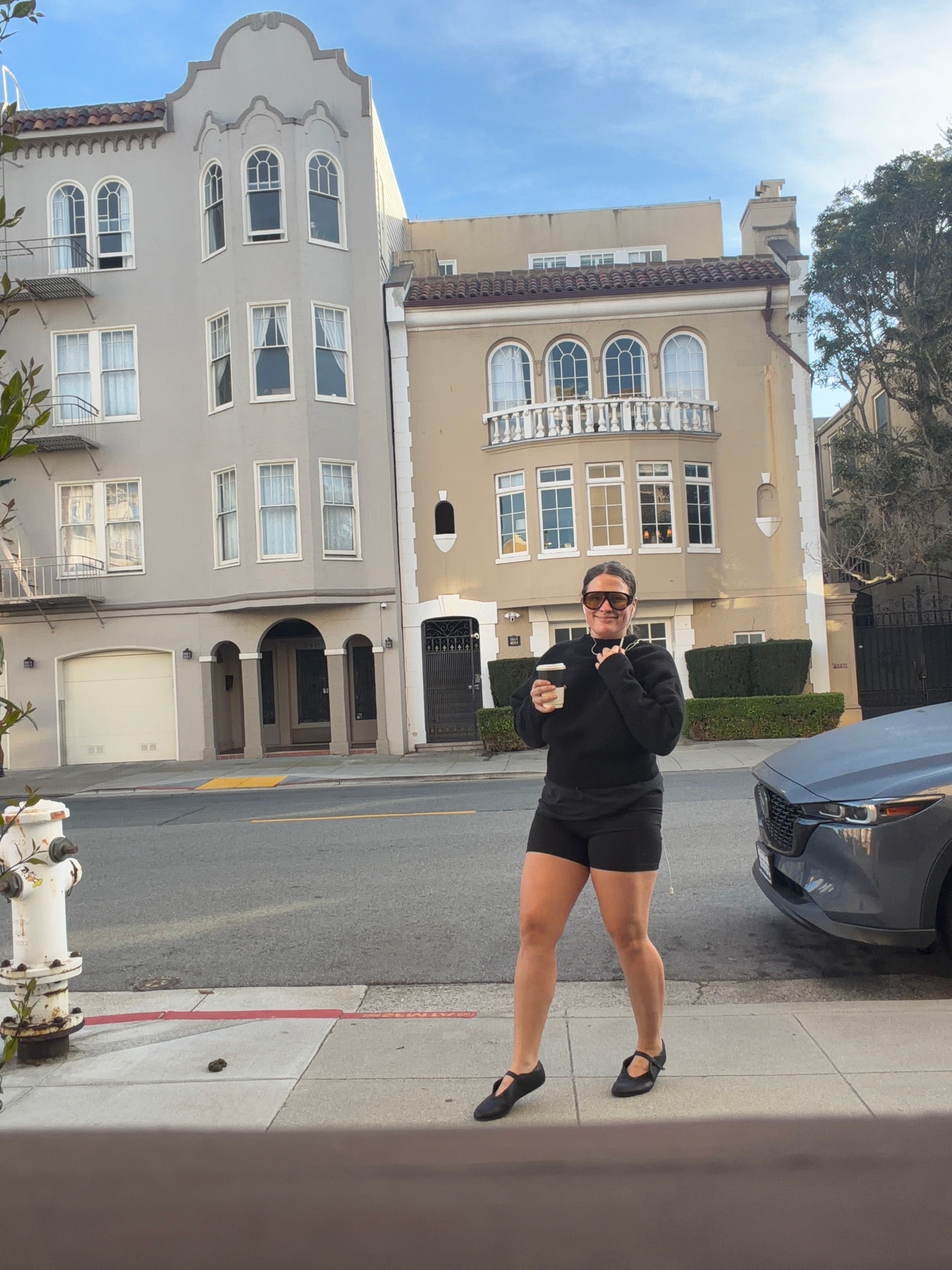 Eaves sweater, bike shorts, new adidas ballet sneaks