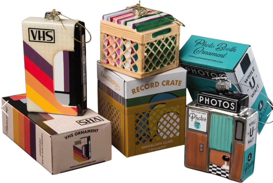 Record Crate, VHS Tape, and Photo Booth - Set of 3 Ornaments