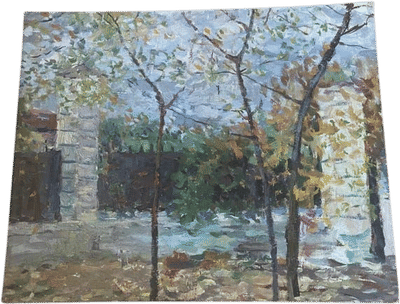 Vintage Impressionist Landscape Oil Painting on Board Trees Stone Wall