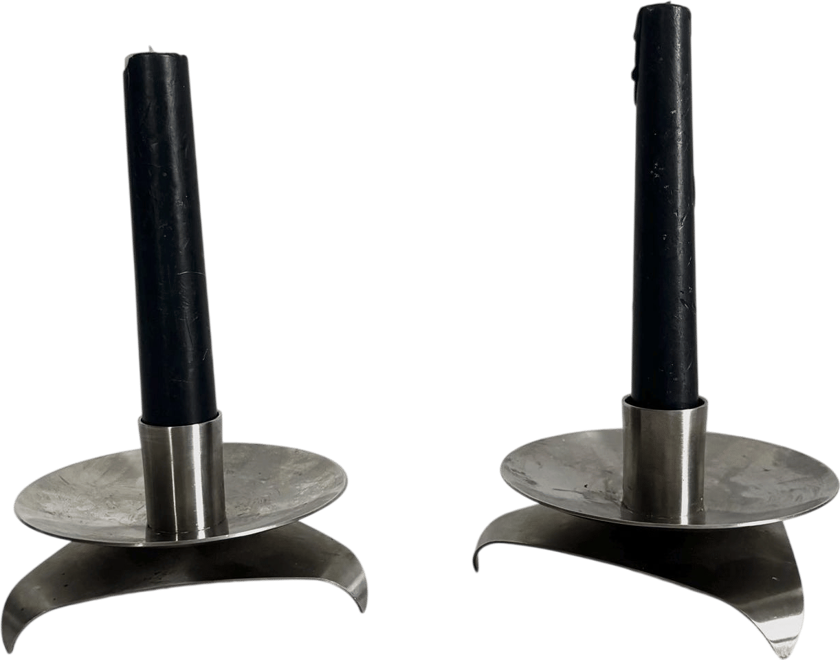 Vintage Set Chrome Danish Midcentury Candle Holders // Pair of Silver Scandinavian Design Candlestick Holders with tripod base / Signed