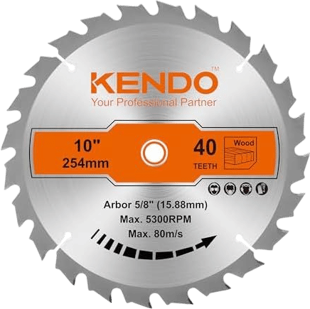 KENDO 1-Pack 10 Inch 40T Carbide-Tipped Circular Saw Blade with 5/8 Inch Arbor, Professional ATB Finishing Woodworking Miter/Table Saw Blades for Plywood, Laminate, Ripping Wood