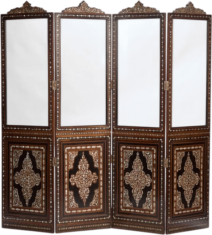 Moorish Hardwood, Ebony, Abalone and Mother-of-Pearl Inlaid Four-Fold Screen