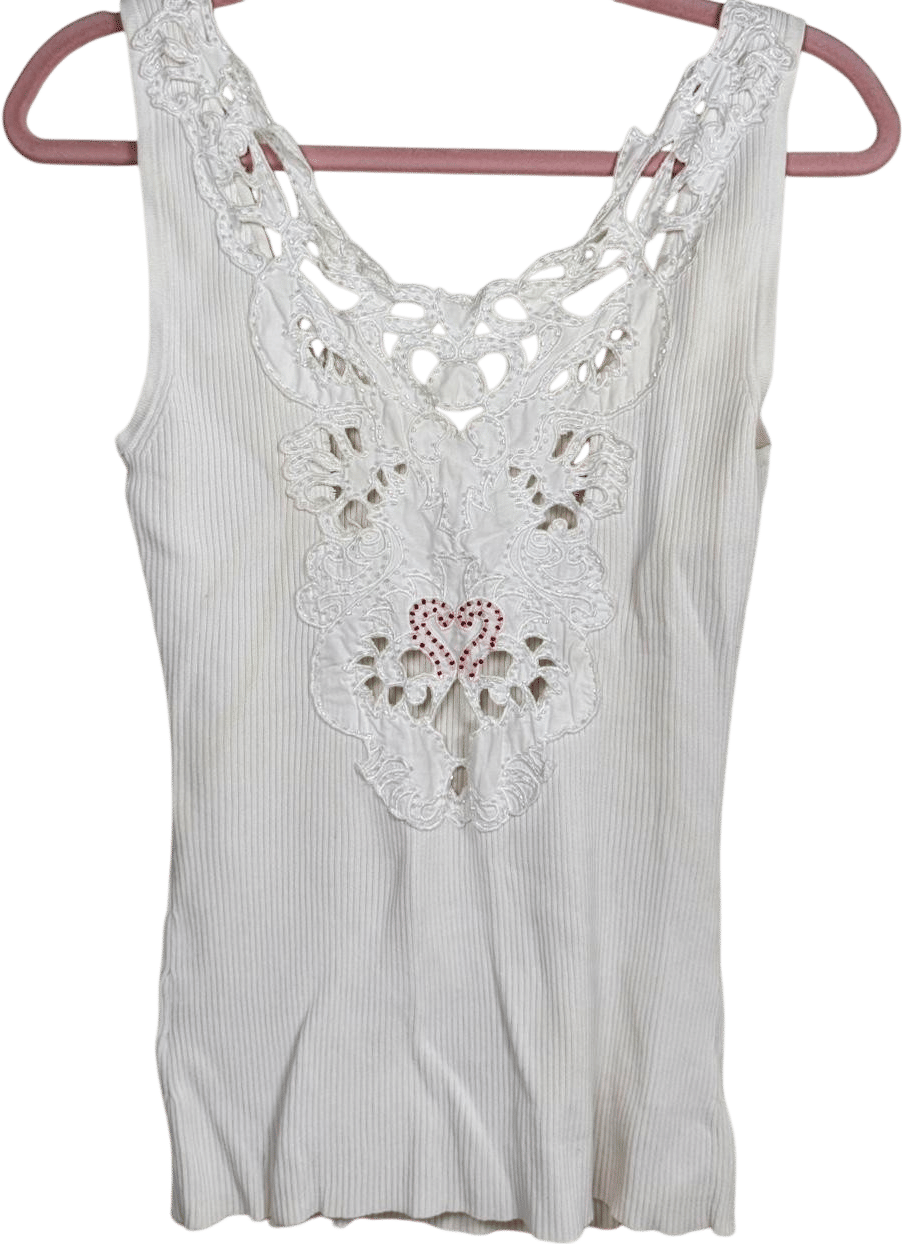 Caché Ribbed Lace Trim White Tank Top