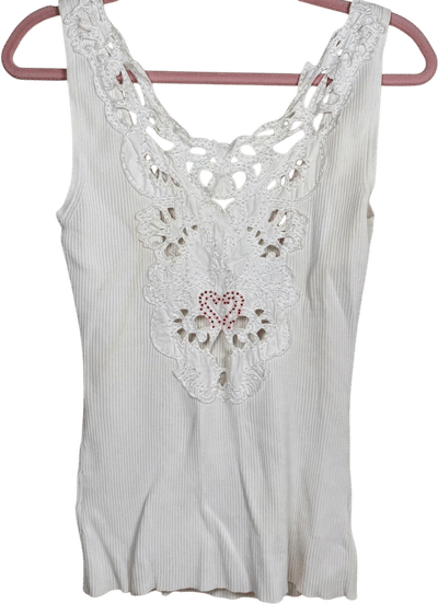 Caché Ribbed Lace Trim White Tank Top