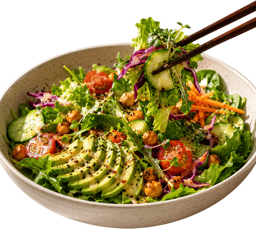 Eating salad with chopsticks