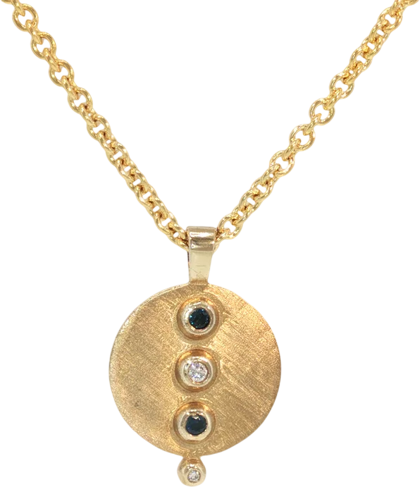 'Alhena' Sapphire and Diamond Textured Disc Pendant in 9ct Yellow Gold