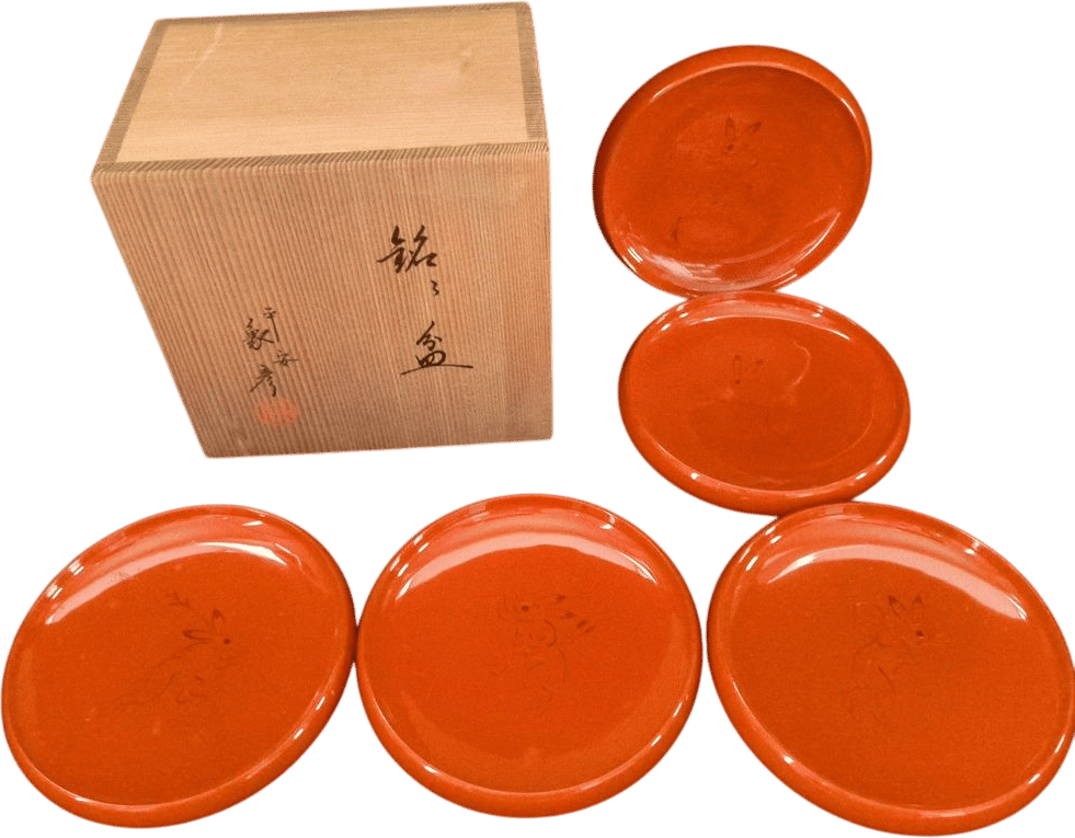 Zohiko Lacquerware Set of 5 Plates with Wooden Box | Kyoto Urushi Lacquer Dishes | Vintage Japanese Shikki by Master Craftsman-h1003-