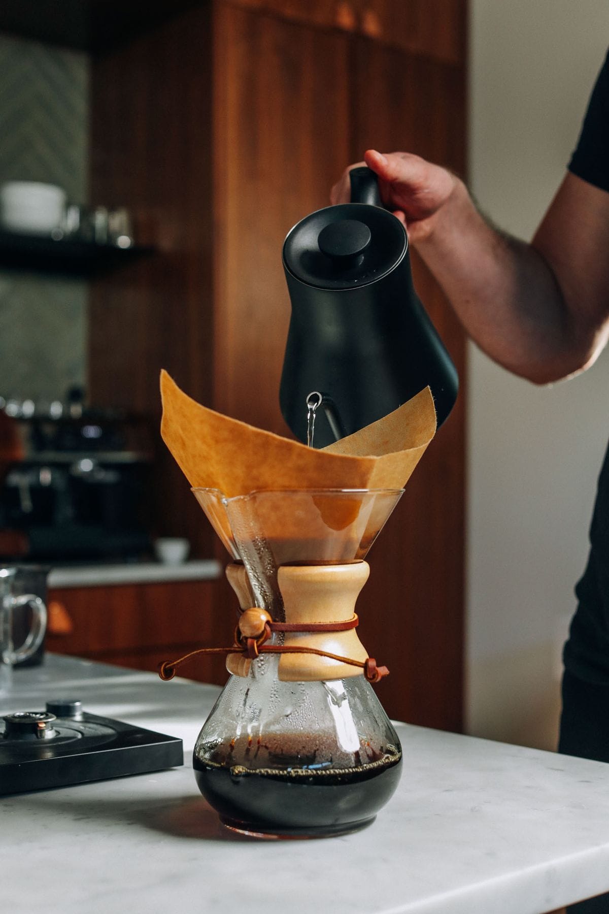 Batch brew or pour over coffee with a dash of cold regular milk