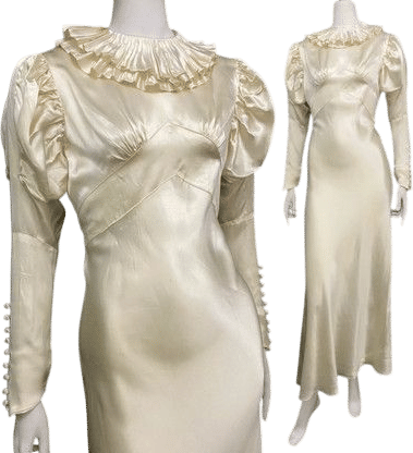 Vintage 1930s Satin Ruffle Collar Wedding Dress