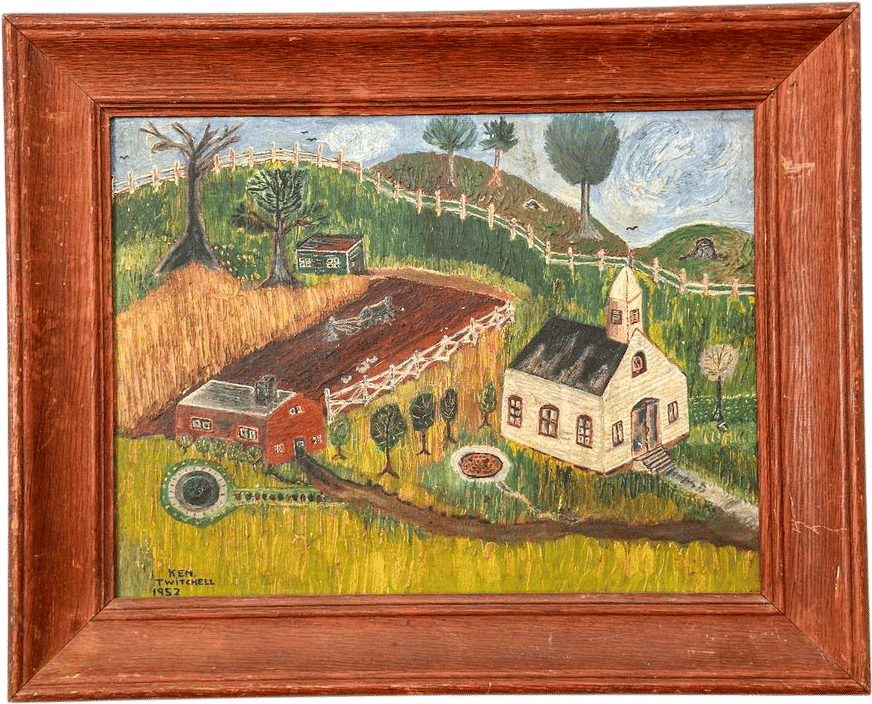 Naïve Farmhouse Scene Oil Painting by Ken Mitchell