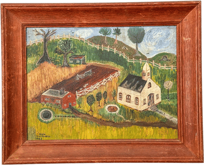 Naïve Farmhouse Scene Oil Painting by Ken Mitchell