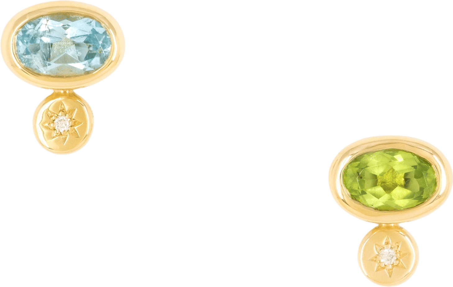 Peridot + Aquamarine mismatched with star settings