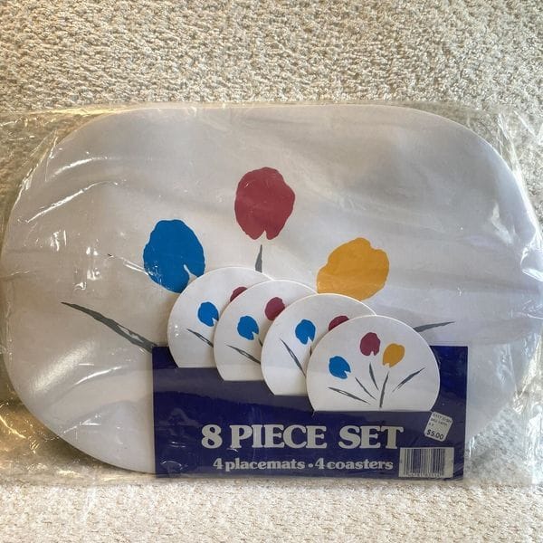 Vintage 80s Vinyl Placemat and Coasters Set Colorful Flowers Tulips NOS