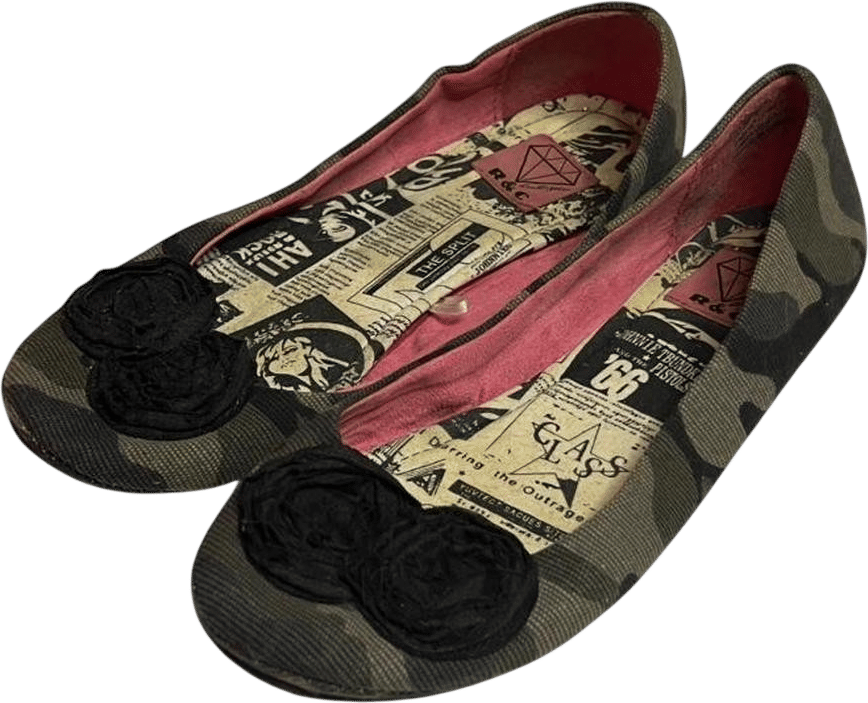 Vintage Green Camo Ballet Flats with Fabric Flowers