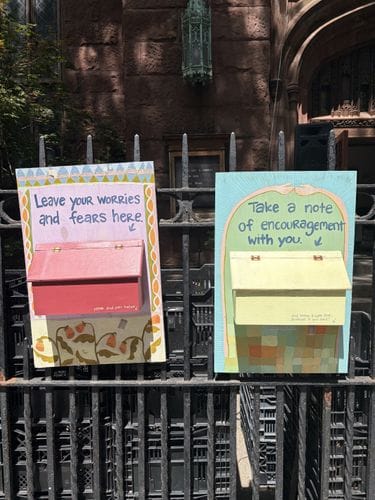 Boxes outside First Presbyterian Church in Brooklyn Heights