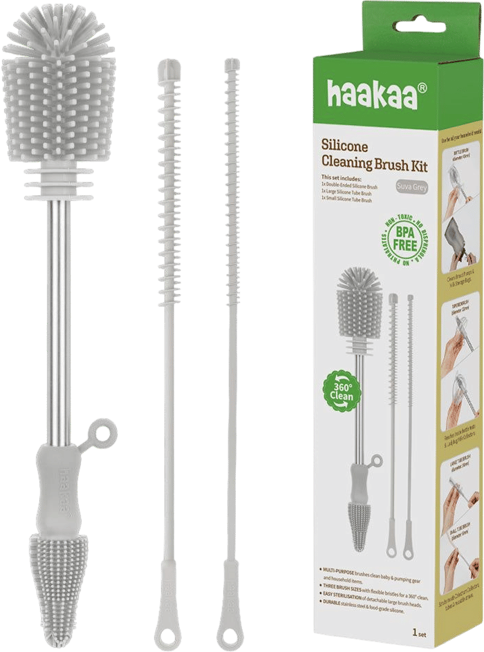 Haakaa Silicone, Multipurpose Bottle & Cleaning Brush Kit - Suva Grey | Grove Collaborative