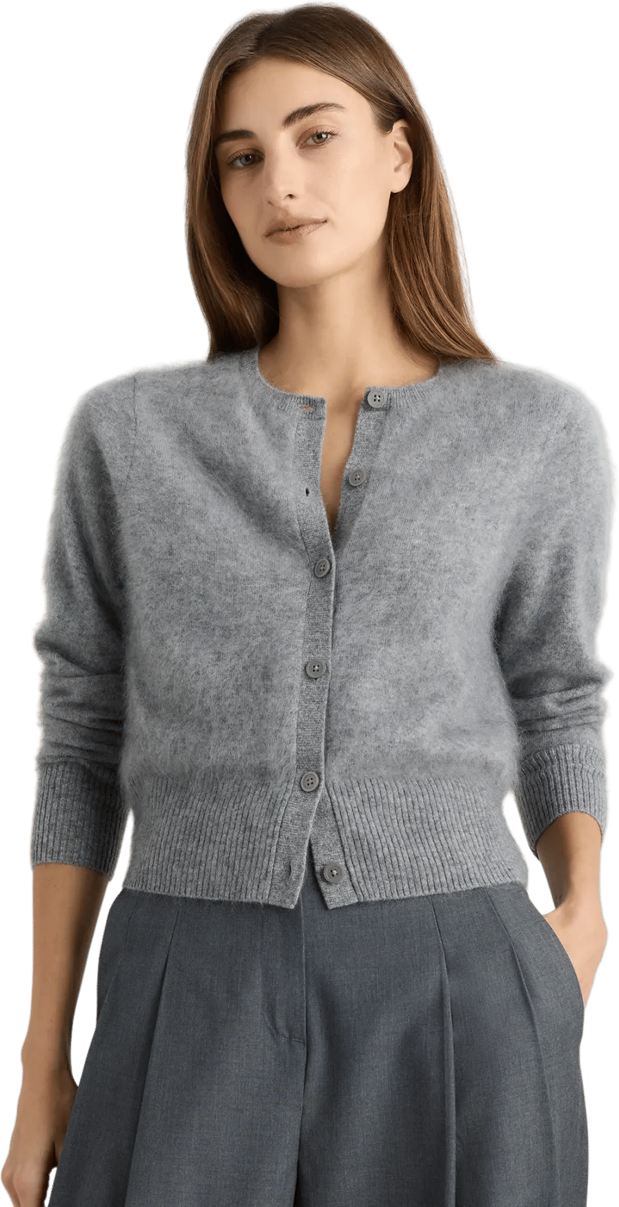 Brushed Cashmere Fitted Crewneck Cardigan
