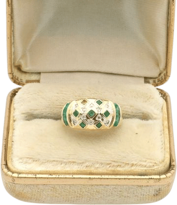 Vintage 1990s 14K Yellow Gold Emerald and Diamond Dome Ring