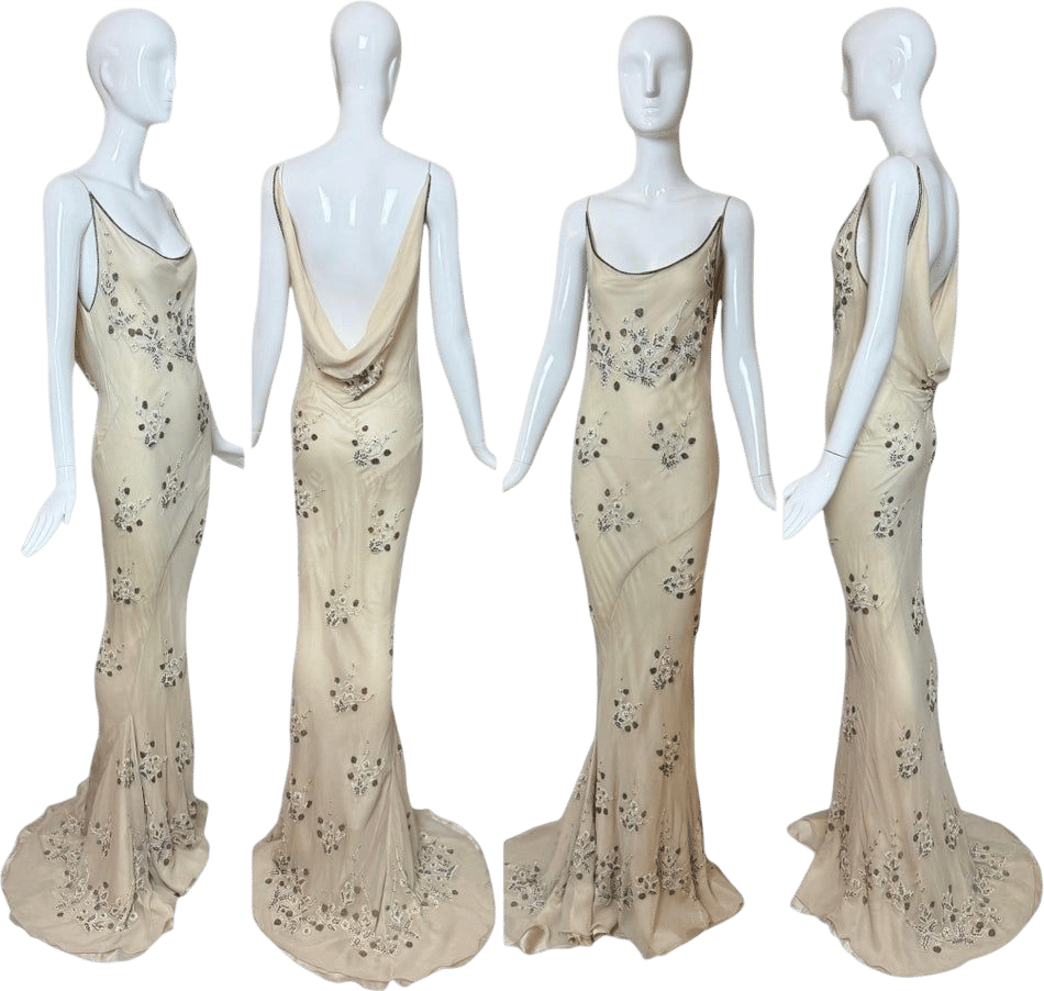 1990s Vintage Couture Silk Hand-Embroidered Beaded Cowl Back Evening Gown