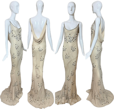 1990s Vintage Couture Silk Hand-Embroidered Beaded Cowl Back Evening Gown