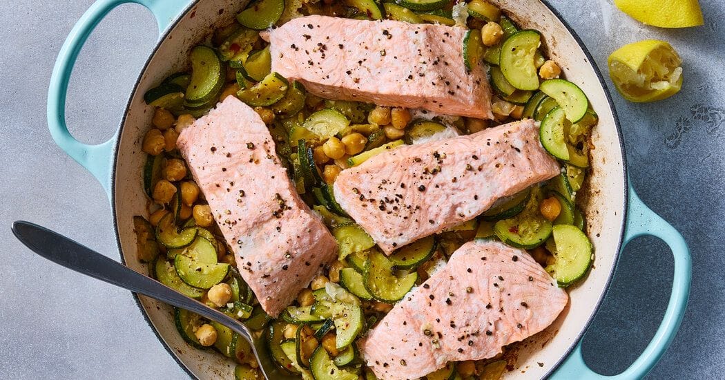 Salmon With Olive Oil-Braised Zucchini and Chickpeas Recipe