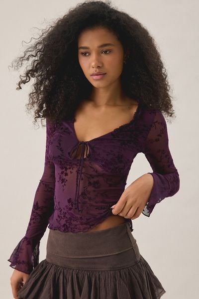 Kimchi Blue Teagan Flocked Sheer Mesh Long Sleeve Top