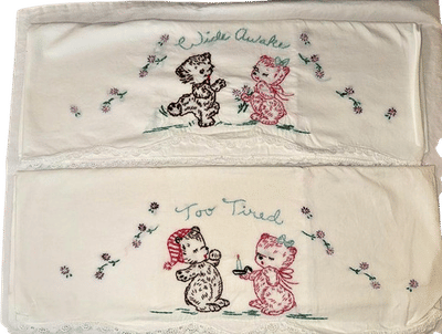 Vintage Hand Embroidered Bear Pillowcases