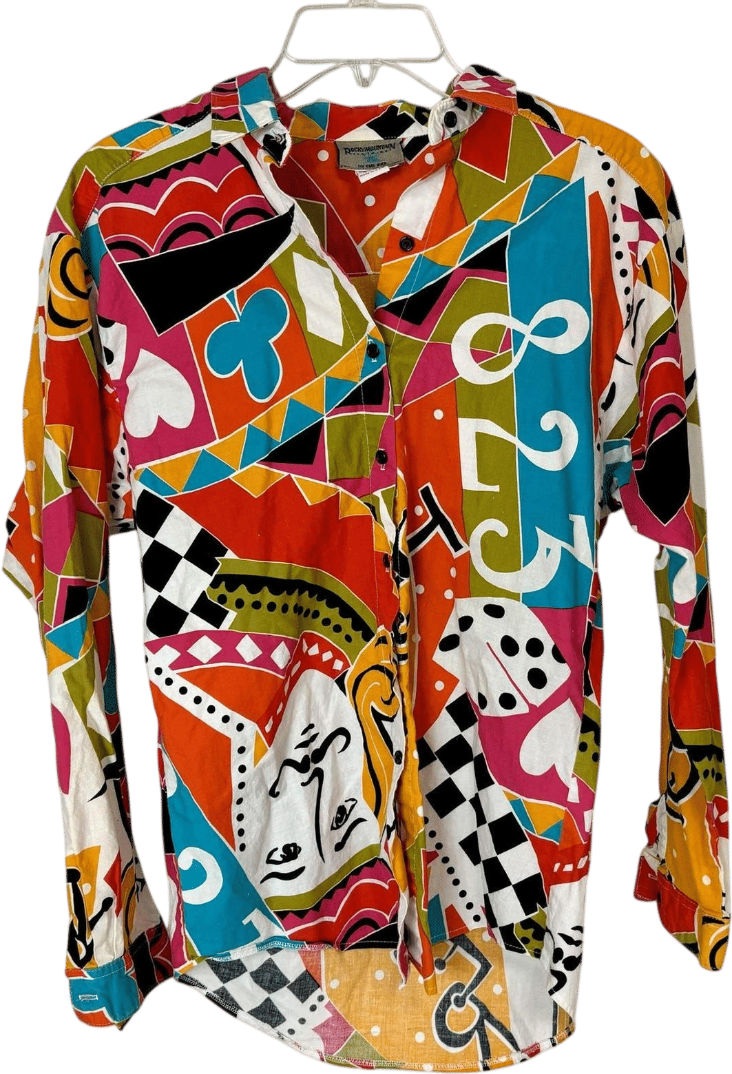 Colorful Cards and Dice Themed Long Sleeve Button Down Blouse Women's Small