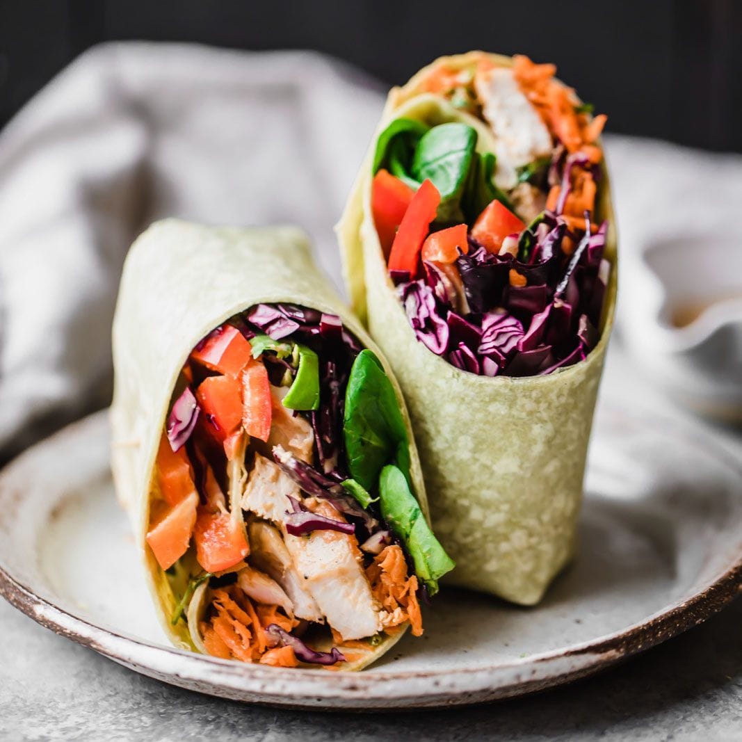 Crunchy Rainbow Thai-Inspired Peanut Chicken Wraps Recipe