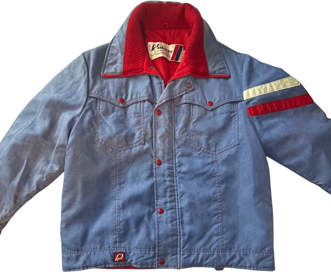 Vintage blue coat with red and white details
