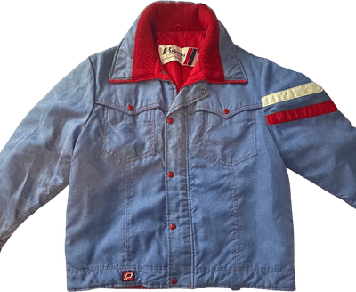 Vintage Denim Jacket with Red Corduroy Collar