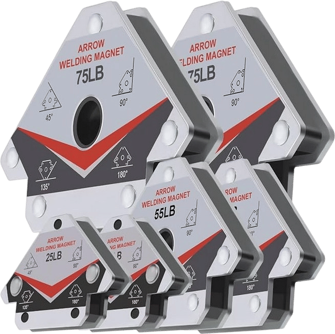 ABN Arrow Welding Magnet Fabrication Holder Set - 6pk 25lb, 50lb, and 75lb Positioning Square Welding Table Magnet Clamps for 45, 90, 135 Degree Angles
