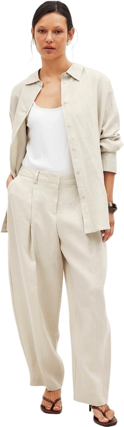 Pantalon fuselé en lin à taille mi-haute Beige